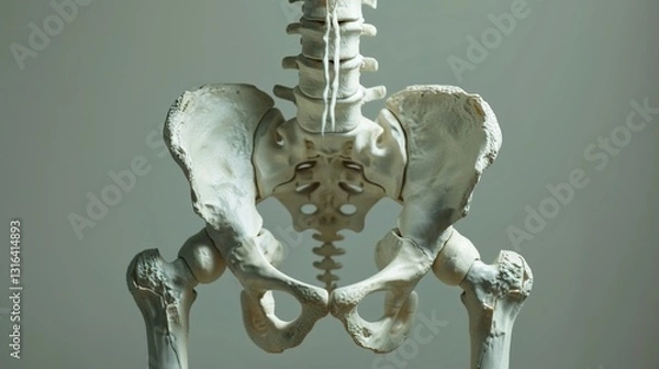 Fototapeta A detailed shot of a human pelvis model, showing the pelvic bones and joints, displayed against a solid background.