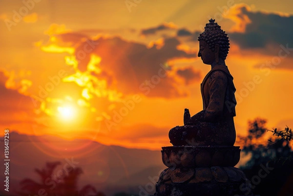 Fototapeta Ancient statue great Buddha on bright holiday composition, abstract vivid composition consists of fictional unreal fantastic vision on background