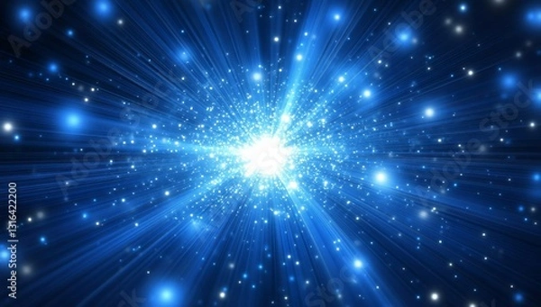 Fototapeta Cosmic explosion, digital, radiant, blue rays, glowing stars
