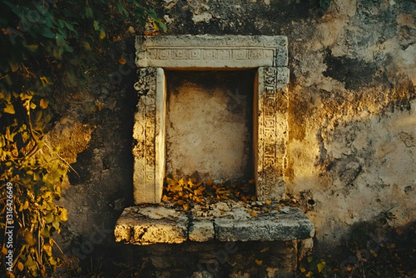 Fototapeta Ancient Stone Shrine, A Relic of a Forgotten Civilization, Covered with Vines and Leaves