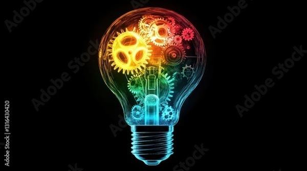 Obraz Illustrate a light bulb with colorful, rotating gears and glowing circuits, symbolizing the perfect balance of creative thought and engineering precision