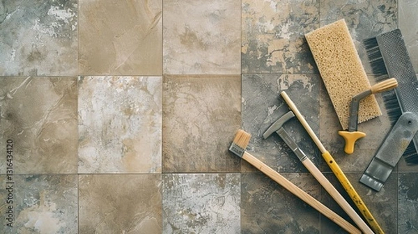Fototapeta A set of ceramic tiles, grout, and tools for a DIY tiling project on a solid background.