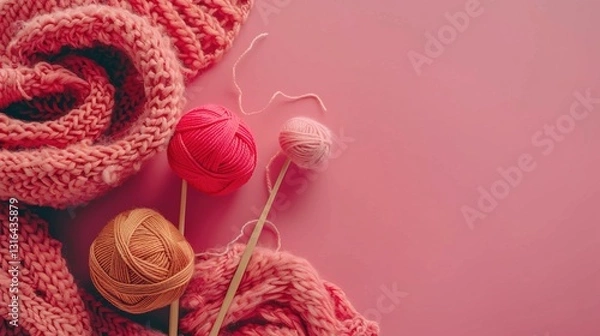 Fototapeta A set of knitting needles, yarn, and a partially completed scarf on a solid background.