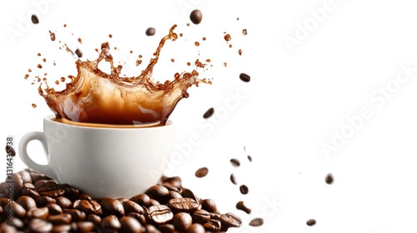 Fototapeta A dynamic scene of roasted coffee beans splashing into a freshly brewed cup of coffee, cut out and isolated on a transparent background, with steam rising from the cup