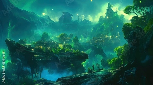 Fototapeta Enchanting Bio-luminescent City in a Lush, Mystical Landscape