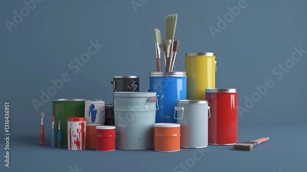 Fototapeta A set of paint cans and brushes arranged on a solid background, ready for a painting project.