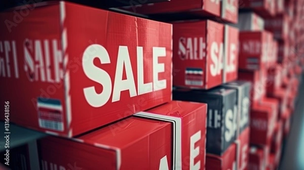 Fototapeta A stack of electronics boxes with "SALE" labels prominently displayed, on a solid background.