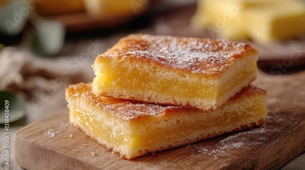 Fototapeta Two golden slices, kissed by the sun and boasting airy, tender interiors, lay slightly overlapping on a rustic wooden board, surrounded by a blurred backdrop of fresh, golden butter, a testament to