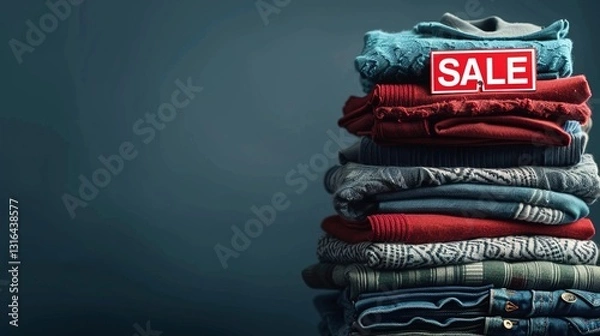 Fototapeta A stack of neatly folded clothes with "SALE" signs placed on top, against a solid background.