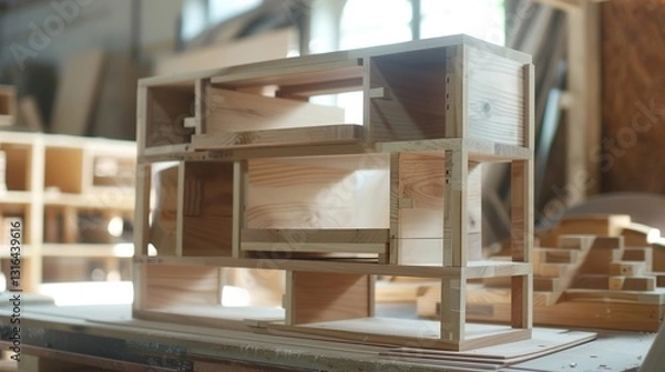 Fototapeta A step-by-step assembly of a wooden shelf, showing pieces being put together.