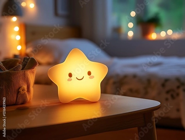 Obraz Illuminated star-shaped nightlight on bedside table.