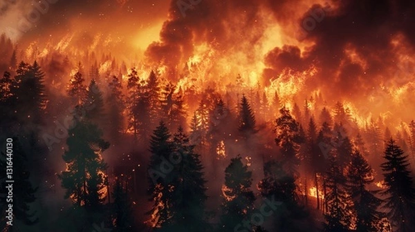 Fototapeta A vibrant image of a forest fire with intense flames and smoke billowing into the sky.