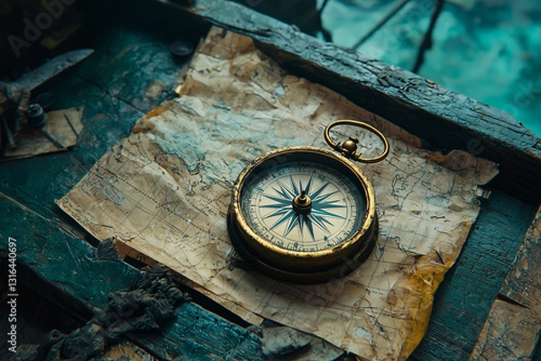 Fototapeta A vintage compass resting on an old, weathered map. This scene evokes a sense of adventure and exploration, perfect for those with a passion for navigation and history.