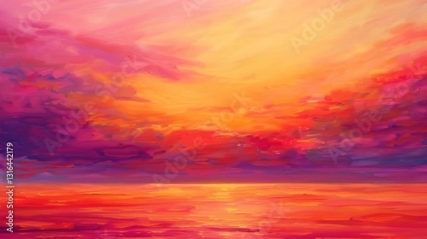 Fototapeta A vibrant painting of a sunset with rich hues of orange and pink, against a solid background.