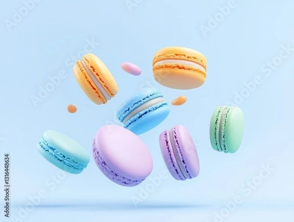 Fototapeta Colorful macarons floating against a soft blue background, showcasing a whimsical dessert concept