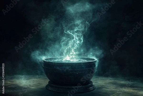 Fototapeta Cauldron boiling with dark smoke and flames in a mystical setting at night