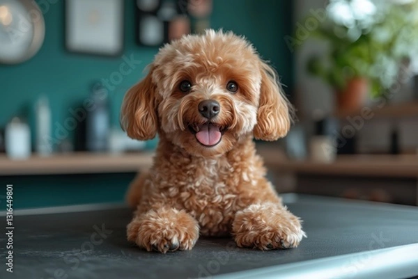 Fototapeta Small brown toy poodle puppy lying on a table, panting and smiling, in a modern home environment