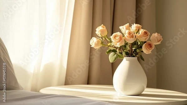 Fototapeta Minimalist still life of a white ceramic vase with delicate peach roses on a round bedside table, softly illuminated by warm morning sunlights
