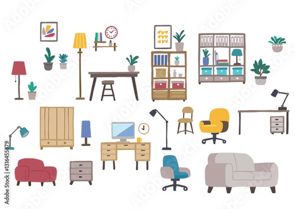 Obraz さまざまな手書きの家具のイラスト素材のセット　観葉植物や家具照明など
