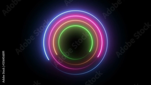 Fototapeta Neon circle Technology frame. Abstract blue and yellow light effect background. Abstract studio with violet glowing circle frame.	