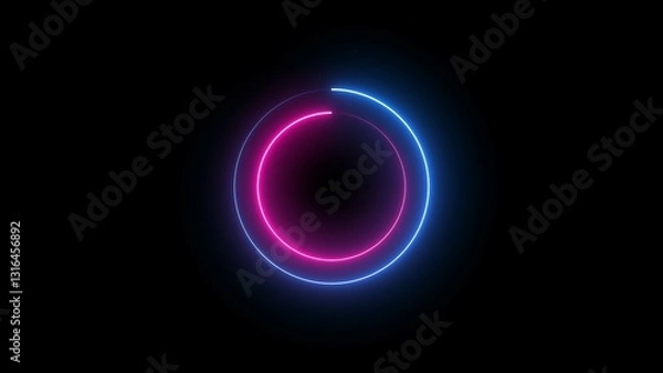 Fototapeta Neon circle Technology frame. Abstract blue and yellow light effect background. Abstract studio with violet glowing circle frame.	