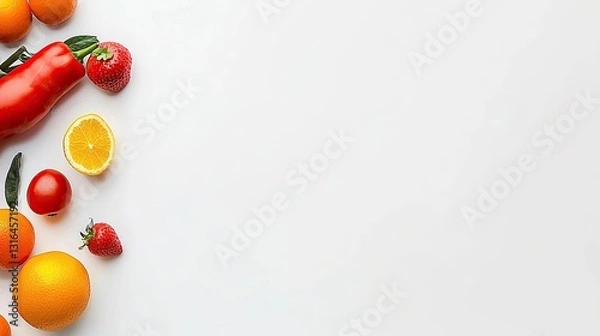 Fototapeta Colorful Arrangement of Fresh Fruits and Vegetables Including Strawberries Oranges Lemon and Red Bell Pepper on White Background