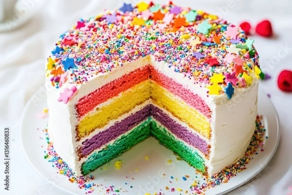 Fototapeta A vibrant rainbow layer cake with white frosting, topped with colorful sprinkles. A fun and festive dessert perfect for celebrations.