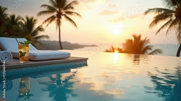 Fototapeta Relaxing at a luxurious infinity pool during sunset with refreshing cocktail in hand