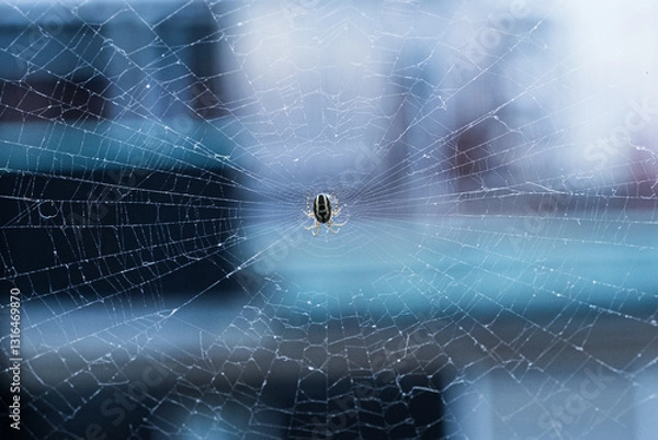 Obraz close-up of a spider at the center of a delicate web with a soft blurred background