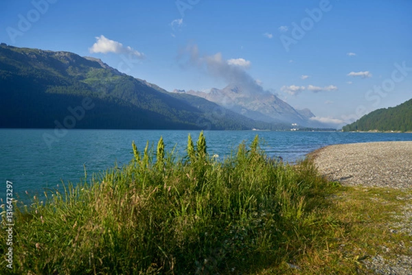 Fototapeta Lake Silvaplana. Landscape with mountains and blue sky in summer. Nobody. Swiss.