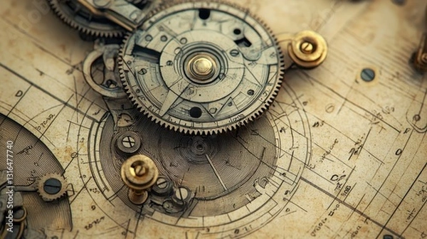 Fototapeta Intricate Vintage Clock Mechanism with Gears and Detailed Diagrams in Antique Style