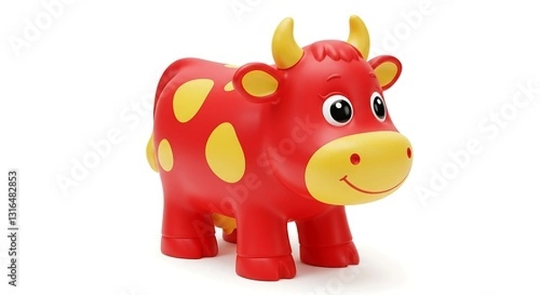 Fototapeta 赤と黄色の可愛い子牛おもちゃ 明るい背景で微笑む. AI Generated