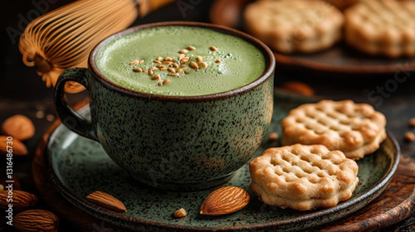Obraz Matcha Latte & Almond Cookies - Japanese cuisine