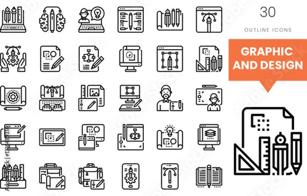 Fototapeta Collection of graphic design outline icons for digital creatives.