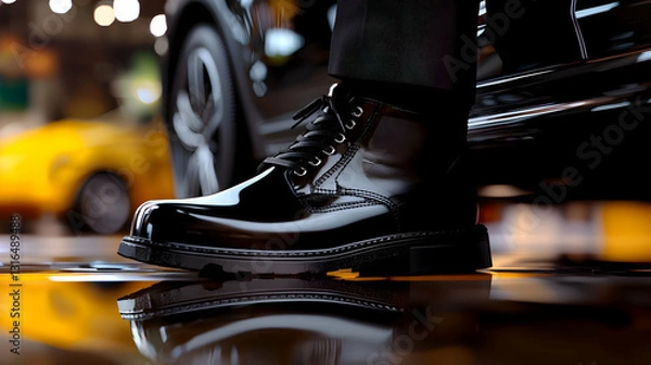 Fototapeta A close up of a shiny black boot and reflection