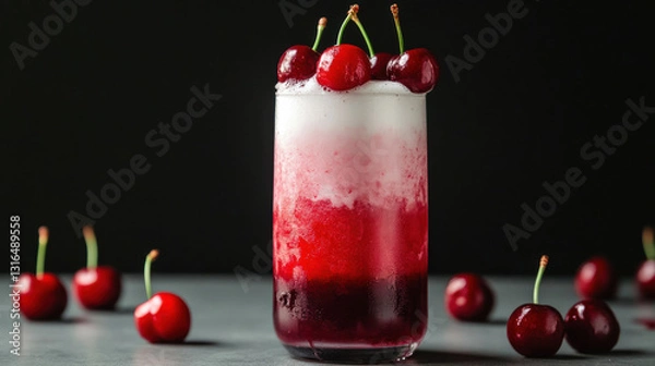 Fototapeta A vibrant mocktail showcasing a gradient of red hues topped with fresh cherries, set against a dark background.