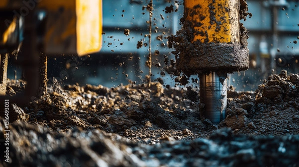 Fototapeta Close-Up of a Rotating Drill Head Covered in Mud at a Construction Site