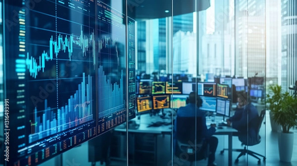 Fototapeta Modern Trading Floor with Glass Walls and Digital Market Data