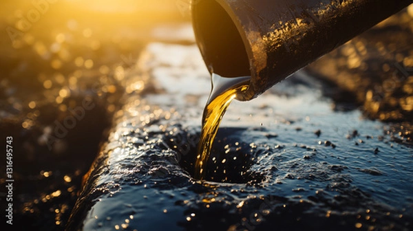 Fototapeta Close-Up of Crude Oil Flowing from Pipe at Drilling Site