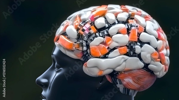 Fototapeta 3D Render of a Cybernetic Brain Integrated into a Head, Showing Detailed Internal Mechanisms and Circuits with Orange and White Components against a Dark Background.