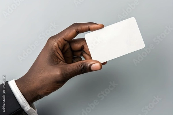 Fototapeta Close-up of a dark-skinned hand holding a blank white business card against a neutral background. The hand wears a stylish black leather watch. Realistic branding mockup for corporate identity present