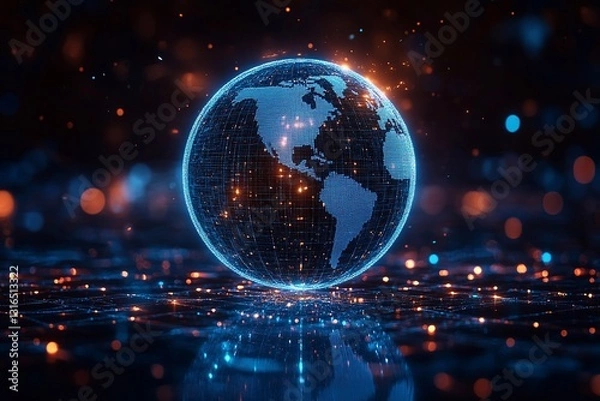 Fototapeta Digital globe representation with glowing connections and data points in a virtual space