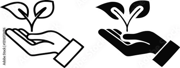 Fototapeta Plant in hand line and flat icon. Vector