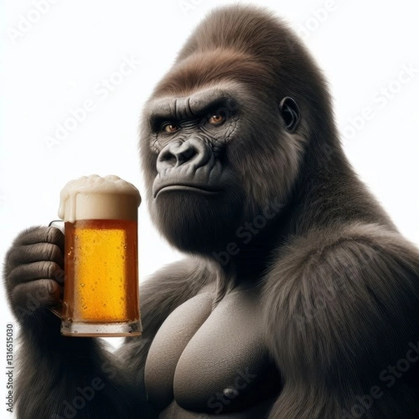 Obraz A serious-looking gorilla enjoying a refreshing mug of beer in a studio setting