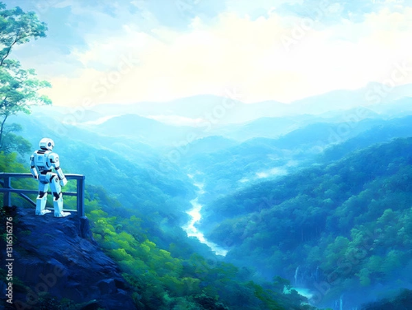 Fototapeta Digital Painting of a Robot Contemplating a Serene Mountain Valley Landscape with a River and Waterfall