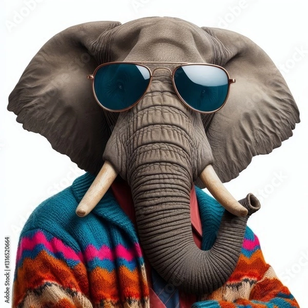 Obraz Elephant with Retro Sunglasses and Colorful Sweater Portrait Photography