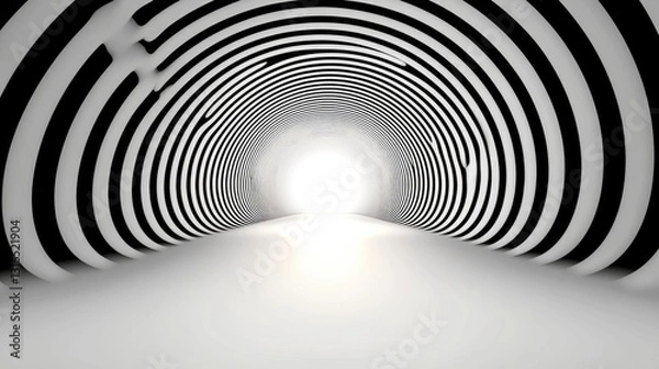 Fototapeta Abstract Tunnel with Black and White Swirling Patterns Leading to a Bright Light Source, Creating a Sense of Depth and Mystery