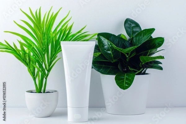 Fototapeta A clean product design featuring white tube placed between two green plants, creating fresh and natural aesthetic. plants add vibrant touch to minimalist setting