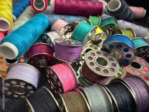 Obraz  Close up photo of colorful sewing thread spools and bobbins