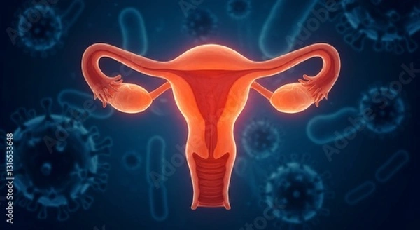 Fototapeta A stylized illustration of a female reproductive system surrounded by microscopic elements.